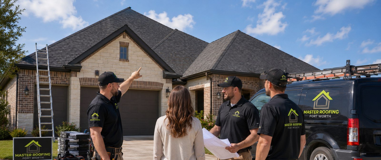 Joshua Henderson and the Master Roofing Fort Worth crew reviewing plans with a homeowner in front of a home near NE 28th Street in Fort Worth, with the branded service van in the driveway